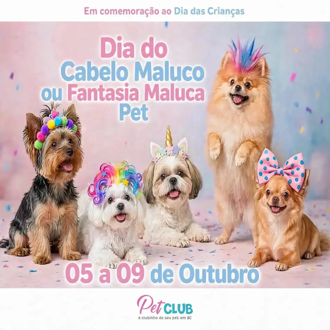 Arte do Dia do Cabelo Maluco ou Fantasia Maluca Pet, com cinco cães de penteados coloridos